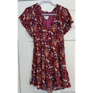 Anthropologie‎ Robin Mini Dress XS Red Pink Babydoll Floral Ruffled Tiered Fairy